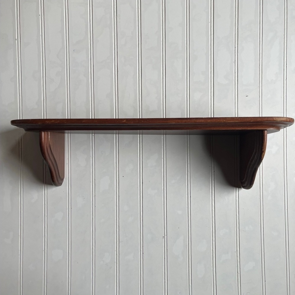 Vintage Dark Wood Floating Wall Shelf with Plate Groove Scalloped Corbel Support
